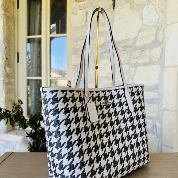 Coach City Tote with Houndstooth Print & Wristlet Set SV/Cream/Black NWT Women - Picture 3 of 10